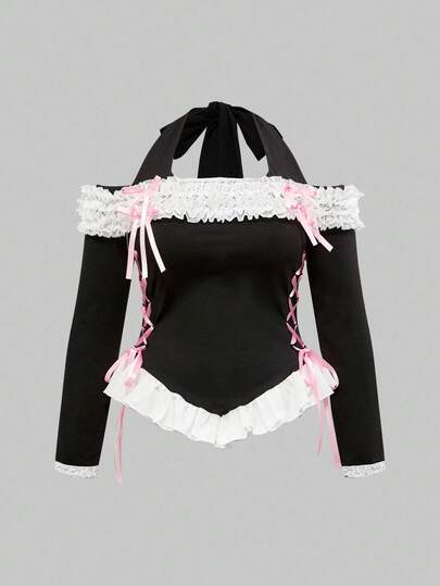 Große Größen Herbst Kawaii Schleife Spitze Patchwork Langarm T-Shirt, Damen Große Größen Herbst/Winter Langarm Top