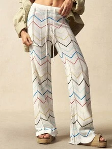 Bohemela Pantalones de punto con cintura con cordón y estampado de zigzag, para mujer, de otoño - Camel - Ver 6