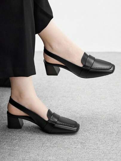 CUCCOO BIZCHIC 黑色方头粗跟时尚简约女式高跟鞋，后系带露跟鞋，适合度假、通勤、百搭装扮