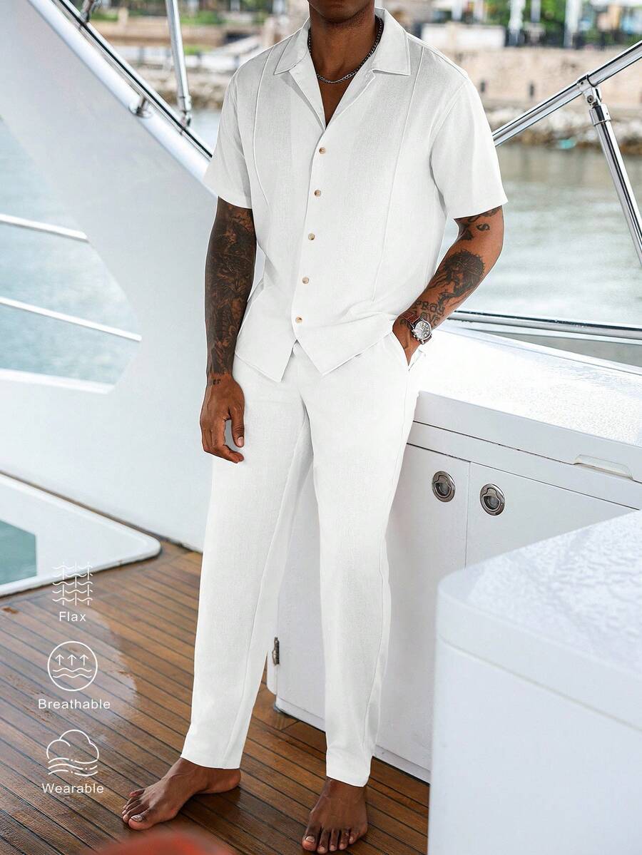 VENTUSAIL 男士夏季纯色短袖单排扣衬衫和裤子休闲西装 - 白色 - 查看 1