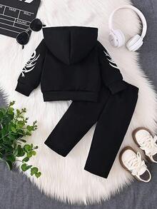 SHEIN 2件/套 嬰兒男童字母刺繡連帽衛衣外套與長褲 黑白配色 秋冬街頭生活休閒圖案街頭時尚海灘款柔軟 - 黑色 - 查看 2