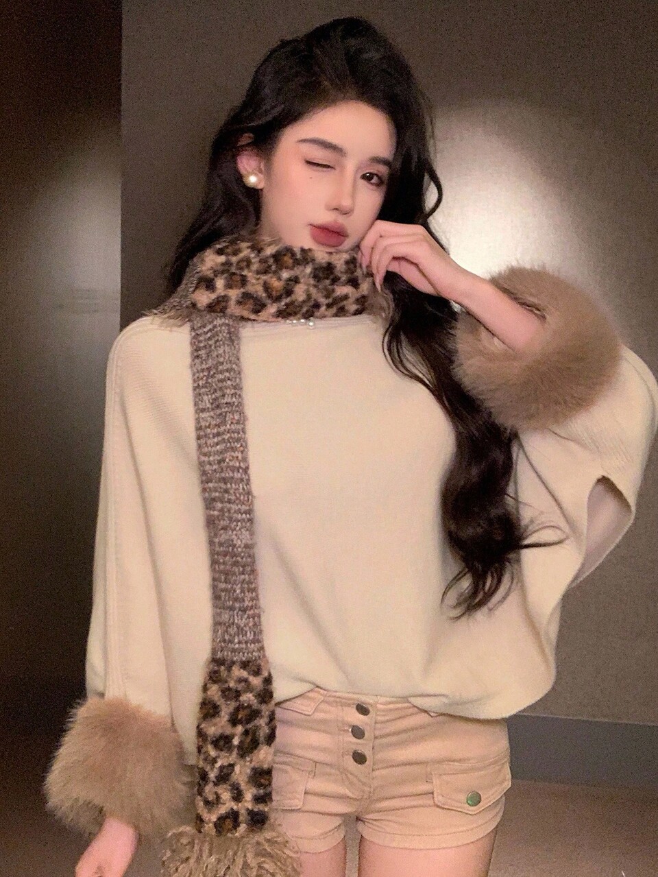 Women's Beige Autumn/Winter Loose Casual Fuzzy Collar Knit Cover Up Shawl Asymmetric Neckline Sweater,Elegant For Wedding,Party,Dining, Fashion