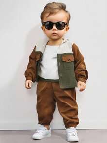 SHEIN Set de 2 piezas para bebé niño con chaqueta con capucha de manga larga con botones en bloque de color y pantalón de cintura sólida. Un atuendo cálido y cómodo adecuado para usar en otoño y primavera. Este conjunto es adecuado para salidas, ir a la escuela y usar en casa. Los niños pequeños pueden usar este versátil y duradero conjunto para sus actividades diarias. Manteniendo a los niños pequeños a la moda y cómodos durante las estaciones de transición de primavera y otoño. - Café integral - Ver 7