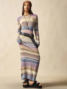 Bohemela 秋冬女士扎染印花圆领修身优雅长袖毛衣裙 - 彩色 - 查看 3