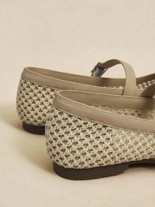 Rosivie 杏仁圆头编织网眼平底鞋，时尚简约舒适透气扣带女式平底鞋，波西米亚西部音乐节派对装 - 杏色 - 查看 5