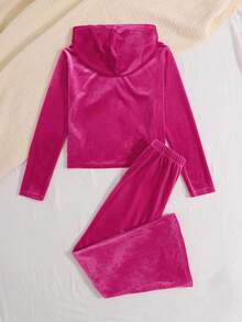 SHEIN 少女天鹅绒休闲简约舒适圆领运动衫和裤子套装 - 玫紅色 - 查看 2