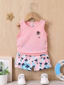 SHEIN Baby Boy Coconut Tree Print Tank Top & Shorts
