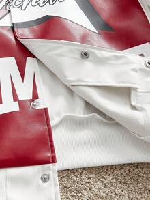 Manfinity Unisex Men's Woven Fashionable Casual Daily Loose Long Sleeve PU Leather Jacket, School, For Fall Winter, Couple Things - Red and White - View 6