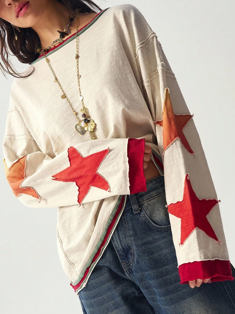 Bohemela Áo nỉ trễ vai thường ngày cỡ lớn có đính ngôi sao dành cho nữ, mùa thu - Nhiều màu - Xem 1