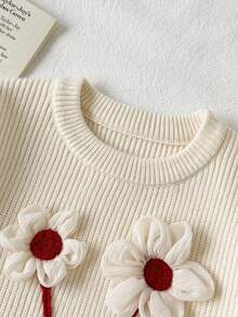 SHEIN Back-To-School White Autumn Fairy School Girl Handmade 3D Embroidered Floral Knit Sweater,Young Girl Round Neck Simple Sweet All-Match Warm Pullover - Beige - View 4