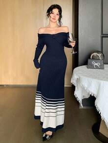 DAZY Autumn/Winter Fitted Off Shoulder Twist Knot Striped Color Block Party Dress, Fashion Cocktail Sweater Dress - Navy Blue - View 2