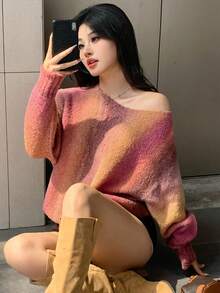 DAZY 女士宽松休闲扎染条纹彩色时尚不对称领口针织套头衫，秋冬 - 中紫紅色 - 查看 8