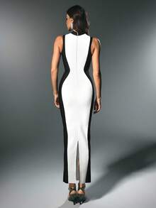 Nuvra 紧身绷带连衣裙，无袖，紧身曲线，收腰，黑白配，优雅派对，秋冬 - 黑與白 - 查看 4