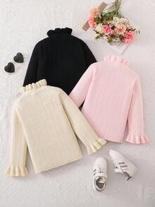 3pcs Girls Turtleneck Ribbed Twist Rope Double Ruffle Hem Long Sleeve Sweater, Black/Pink/Beige, Versatile Warm & Soft Undershirt Fall Winter - Multicolor - View 2