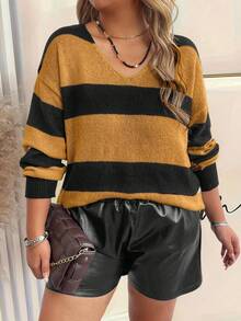 SHEIN Clasi 大码女式条纹 V 领落肩长袖休闲宽松针织毛衣，秋季 - 亮橙色 - 查看 3