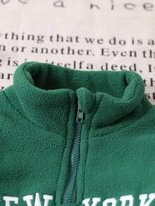 SHEIN Playful Pals Baby Boy Casual Letter Embroidery Half-Zip Long Sleeve Top Paired With Solid Color No Belt Pants, Autumn/Winter - Green - View 5