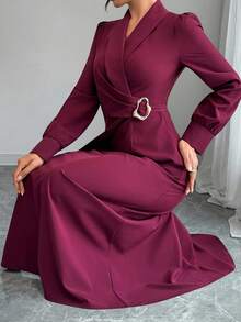 Elenzga Women's Solid Color Shawl Collar Long Sleeve Metal Waist Design Elegant Mid-Length Dress - Red - View 4