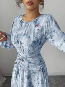 Modelyn 女式夏季雪纺蝴蝶印花褶饰圆领长袖连衣裙 - 藍色 - 查看 7