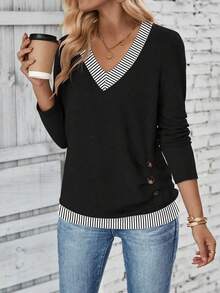 SHEIN LUNE V领侧褶按扣条纹领长袖T恤 - 彩色 - 查看 5