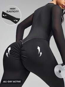 Innovista Mesh Catsuit Black Long Sleeve Unitard Jumpsuit, PU Leather Patchwork, Invisible Back Zipper, Thumbhole Sleeves, Removable Pads, High Stretch Seamless Sculpting, Scrunch Butt Lift | Gym Training Yoga | Catsuit/Mono Negro Manga Larga, Cremallera Trasera Oculta, Copas Extraíbles | Gymtok Techwear - Black - View 4