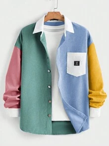 EASEVO Men's Plus Size Long Sleeve Contrast Color Patchwork Corduroy Shacket, Fall Winter - Multicolor - View 1