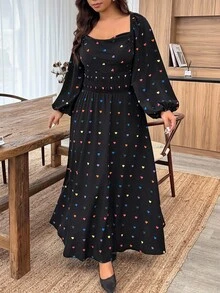 Weeklong Plus Size Heart Print V-Neck High Slit Long Sleeve Dress, Random Print Fall Cloth For Women - Black - View 6
