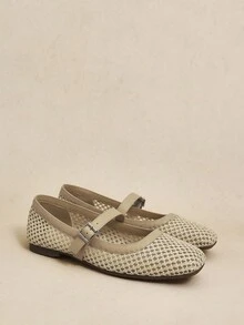 Rosivie 杏仁圆头编织网眼平底鞋，时尚简约舒适透气扣带女式平底鞋，波西米亚西部音乐节派对装 - 杏色 - 查看 3