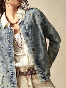 Bohemela Autumn/Winter Boho Casual Solid Color Woven Metal Eyelet Denim Loose Fit Cropped Jacket For Women