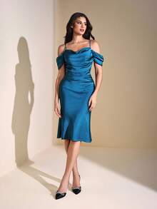 JIAN LASALA Cowl Neck Spaghetti Straps Drape Sleeves Solid Satin Midi Mermaid Dress Women Elegant Autumn Elegant Dresses For Women Going Out Party Dress Evening Dress Wedding Guest Luxury Stylish Clothing Collection Bachelorette Party Prom Dress - Teal Blue - View 4