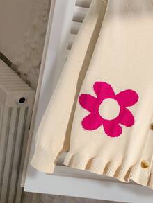 Suéter casual de manga larga con cuello en V y estampado de jacquard de girasol lindo para niñas preadolescentes - Albaricoque - Ver 3