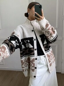 Livesso Women's Loose Casual Vacation Fashion Colorblock Patchwork Geometric Floral Retro Print Knit Cardigan, Autumn/Winter - Beige - View 3