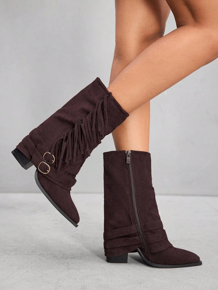 CUCCOO SZL Cuccoo Pointed Toe Thigh High Chunky Heel Tall Boots, Sexy Riding Boots For Women
