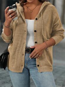 EMERY ROSE Plus Size Casual Outdoor Daily Loose Long Sleeve Hooded Button Cardigans Fall Winter Cloth For Women Autumn - Khaki - View 4