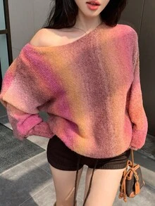 DAZY 女士宽松休闲扎染条纹彩色时尚不对称领口针织套头衫，秋冬 - 中紫紅色 - 查看 10