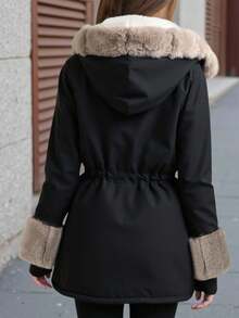 SHEIN 1 Áo khoác dài tay có mũ trùm đầu mềm mại cho bé gái, thiết kế tối giản thoải mái, thích hợp cho mùa đông - màu đen - Xem 2