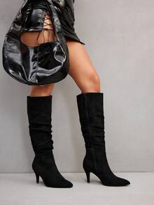 CUCCOO SZL Pointed Toe Ruched Chic Niche Pleated Gold High Heel Stacked Knee-High Boots, Elegant French Style For Women For Christmas Spring Shoes - Black - View 3