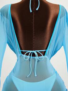 Zestiva Ladies' Vacation Solid Color Halter Strap Sexy Bikini Set With Cover-Up Dress, Summer Beach - Blue - View 8