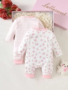 SHEIN 新生女宝宝印花纽扣圆领长袖连体衣秋冬款 - 粉色 - 查看 2