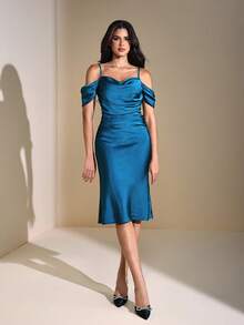 JIAN LASALA Cowl Neck Spaghetti Straps Drape Sleeves Solid Satin Midi Mermaid Dress Women Elegant Autumn Elegant Dresses For Women Going Out Party Dress Evening Dress Wedding Guest Luxury Stylish Clothing Collection Bachelorette Party Prom Dress - Teal Blue - View 5