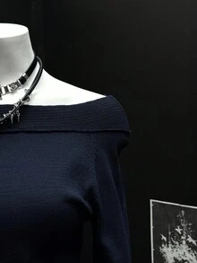 Flirla 女款純色露肩百褶休閒哥德風長袖套頭毛衣，海軍藍，適合萬聖節、夜店、俱樂部之夜，秋季穿搭 - 寶藍色 - 查看 3