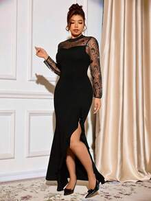 Cravure Women's Plus Size Elastic Mesh Splicing Hot Diamond Slim Fit Elegant Long Slit Fishtail Dress Club Party Spring Dress Evening Dress Formal Women Dresses Fall Cloth For Women