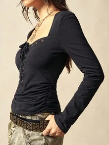 Bohemela 波西米亚风纯色针织长袖心形领抽绳系带女式衬衫，秋冬款，黑色上衣 - 黑色 - 查看 6