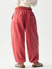 Bohemela Women's Solid Color Loose Knit Drawstring Pants - Red - View 7