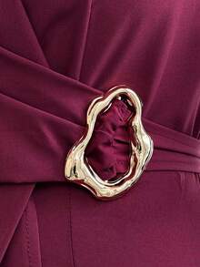 Elenzga Women's Solid Color Shawl Collar Long Sleeve Metal Waist Design Elegant Mid-Length Dress - Red - View 7