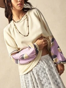 Bohemela Áo nỉ tay dài cổ tròn dệt kim chắp vá thông thường dành cho nữ vào mùa thu/đông - Màu Khaki - Xem 2