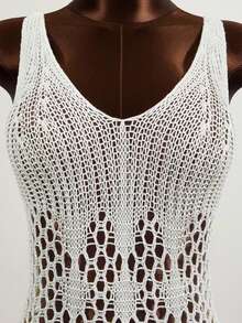 Swim Vcay Summer Beach Hollow Out Scallop Trim Split Hem Cover Up Dress Without Bikini - White - View 4