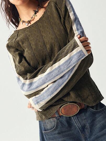 Bohemela 波西米亚风复古休闲针织圆领宽松女式上衣，长袖