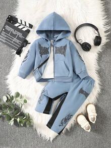 SHEIN 2pcs Baby Boys Hoodie Jacket With Letter Embroidery & Pants Set, Soft & Comfortable Casual Style Suitable For Autumn/Winter Outdoor, Travel, Daily Life - Blue - View 1