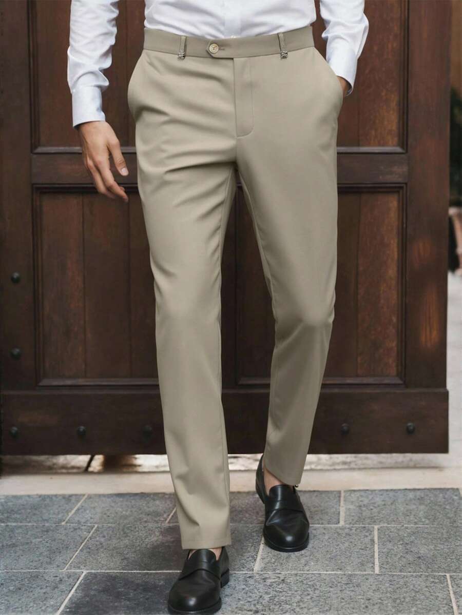 Manfinity Bizformal 男士西装裤，商务休闲时尚百搭直筒西装裤男士卡其色正装裤男士米色裤子男士正装裤男士休闲裤男士西装裤男士正装裤男士休闲裤男士正装裤卡其色休闲裤 - 卡其色 - 查看 1
