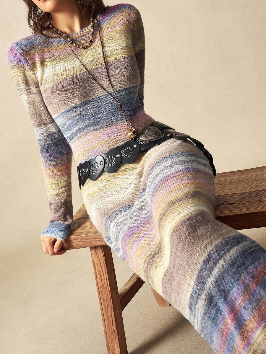 Bohemela 秋冬女士扎染印花圆领修身优雅长袖毛衣裙 - 彩色 - 查看 1